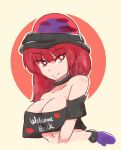  1girl bangs bare_shoulders black_shirt breasts cleavage clothes_writing collar collarbone commentary crop_top crop_top_overhang eyebrows_visible_through_hair hecatia_lapislazuli large_breasts long_hair looking_at_viewer midriff no_bra notnoe off-shoulder_shirt polos_crown red_eyes redhead shirt skirt smile solo touhou upper_body 