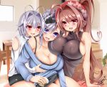  3girls antenna_hair arm_support black_panties blue_eyes blush bow breasts brown_eyes brown_hair cleavage collarbone cowboy_shot dated eating eyelashes food girl_sandwich hair_intakes highres indoors jotti large_breasts legs_together long_hair looking_at_another looking_at_viewer medium_breasts microskirt multiple_girls off-shoulder_sweater open_mouth original panties red_eyes ribbed_sweater ribbon sandwiched shirt short_hair short_shorts short_sleeves shorts side_ponytail signature silver_hair sitting skindentation skirt sweater under_boob underwear 