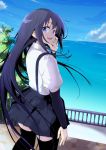  1girl arm_warmers asashio_(kantai_collection) black_hair black_legwear blue_eyes blue_sky clouds commentary cowboy_shot eyebrows_visible_through_hair hand_on_own_cheek kantai_collection lefthand long_hair looking_at_viewer ocean open_mouth pavement pleated_skirt railing round_teeth school_uniform shirt short_sleeves skirt sky smile solo suspenders teeth thigh-highs tree white_shirt 