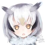  1girl 2017 :o black_hair blonde_hair capriccio collar dated dot_nose eyelashes fur_collar gradient_hair grey_hair kemono_friends light_brown_eyes looking_at_viewer multicolored_hair northern_white-faced_owl_(kemono_friends) open_mouth portrait shiny shiny_skin short_hair signature simple_background solo tsurime white_background white_hair 