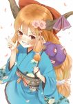  1girl blush bow flower gourd grin hair_bow hair_flower hair_ornament horn_ribbon horns ibuki_suika japanese_clothes kimono kimono_skirt long_hair low-tied_long_hair nishiuri obi oni orange_eyes orange_hair ribbon sash sidelocks slit_pupils smile solo touhou very_long_hair 