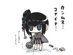  1girl :/ anchor_hair_ornament ancient_destroyer_oni bangs black_hair blue_eyes chibi commentary_request drill_hair full_body gloves gomasamune hair_ornament hakama japanese_clothes kantai_collection kimono meiji_schoolgirl_uniform mole mole_under_mouth revision shinkaisei-kan short_kimono side_ponytail sidelocks solo translation_request wide_sleeves 