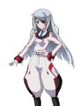  1girl blue_necktie eyepatch hand_on_hip highres infinite_stratos laura_bodewig long_hair looking_at_viewer military military_uniform necktie pants red_eyes silver_hair simple_background solo standing uniform very_long_hair white_background 