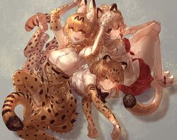  3girls animal_ears armpits bangs blonde_hair bow bowtie brown_eyes grin hair_between_eyes highres jaguar_(kemono_friends) jaguar_ears jaguar_print jaguar_tail kemono_friends lion_(kemono_friends) lion_tail long_hair looking_at_viewer lying multiple_girls open_mouth paw_pose platinum_blonde red_skirt serval_(kemono_friends) serval_ears serval_print serval_tail shiny shiny_hair shirt shoes short_hair short_sleeves signo_aaa sitting skirt sleeveless sleeveless_shirt smile tail teeth thigh-highs thighs white_shirt yellow_eyes 