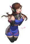  1girl ;d adapted_costume animal_print arm_warmers artist_name bangs blue_shirt blue_shorts breasts brown_eyes brown_hair bunny_print clenched_hands cowboy_shot crop_top cropped_legs d.va_(overwatch) eyelashes facepaint facial_mark hands_up headphones highres legs_together long_hair looking_at_viewer medium_breasts micha one_eye_closed open_mouth overwatch shirt shorts simple_background sleeveless sleeveless_shirt smile solo thigh-highs thigh_gap turtleneck whisker_markings white_background 