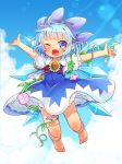  barefoot blue_bow blue_dress blue_eyes blue_hair bow cirno dress feet flower hidden_star_in_four_seasons highres ibarashiro_natou ice ice_wings one_eye_closed plant smile sunflower tan touhou vines wings 