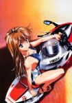  1girl 90s absurdres blue_eyes breasts brown_hair cleavage copyright_request feet from_above ground_vehicle highres kawarajima_kou long_hair medium_breasts motor_vehicle motorcycle nail_polish one-piece_swimsuit pink_nails sandals smile solo swimsuit toenail_polish 