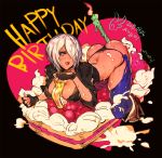  1girl ahoge angel_(kof) arched_back ass between_breasts black_background blue_eyes boots bottle breasts cake candle chaps character_name cheesecake cleavage commentary_request cropped_jacket dated fingerless_gloves food gloves hair_over_one_eye happy_birthday heart jacket large_breasts looking_at_viewer lying on_stomach oro_(sumakaita) panties short_hair solo sweat the_king_of_fighters thigh-highs underwear white_hair 