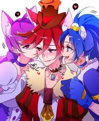  3girls animal_ears blue_eyes blue_gloves blue_hair blush cat_ears choker cure_chocolat cure_gelato cure_macaron dog_ears earrings fang girl_sandwich gloves hat heart jewelry kenjou_akira kirakira_precure_a_la_mode kotozume_yukari lion_ears looking_at_another magical_girl multiple_girls negom open_mouth precure purple_hair red_eyes redhead sandwiched simple_background smile spoken_heart tategami_aoi tongue tongue_out violet_eyes white_background yuri 