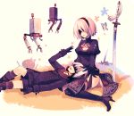  1boy 1girl android black_dress blindfold boots breasts choker cleavage cleavage_cutout couple dress feather-trimmed_sleeves gloves hairband high_heel_boots high_heels kirero long_sleeves medium_breasts mole mole_under_mouth nier_(series) nier_automata open_mouth pod_(nier_automata) puffy_sleeves robot short_hair sitting smile thigh-highs thigh_boots white_hair yorha_no._2_type_b yorha_no._9_type_s 
