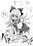  1girl barefoot bonkara_(sokuseki_maou) bow cirno commentary_request dress flower greyscale hair_bow hidden_star_in_four_seasons ice ice_wings looking_at_viewer monochrome one_knee open_mouth plant short_hair short_sleeves smile solo sun sunflower tan touhou v vines white_background wings 