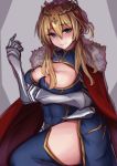  1girl absurdres ahoge armor artoria_pendragon_lancer_(fate/grand_order) blonde_hair blue_legwear blush breast_hold breast_press breasts cape capelet cleavage cleavage_cutout covered_navel crown fate/grand_order fate_(series) fur_trim gauntlets green_eyes hair_between_eyes highres large_breasts likemuffins lips long_hair looking_at_viewer saber sidelocks thigh-highs thighs 