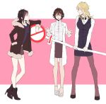  3girls anger_vein black_hair blonde_hair bow bowtie breasts brown_hair closed_eyes durarara!! full_body fur_trim genderswap genderswap_(mtf) glasses heiwajima_shizuo high_heels hukahire0313 kishitani_shinra long_hair looking_at_another medium_breasts multiple_girls orihara_izaya pantyhose red_eyes short_hair sign simple_background skirt small_breasts standing stop_sign waistcoat white_coat 