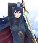  1girl blue_eyes blue_hair cape falchion_(fire_emblem) fingerless_gloves fire_emblem fire_emblem:_kakusei fire_emblem_heroes gloves long_hair looking_at_viewer lucina mejiro simple_background smile solo sword tiara weapon 