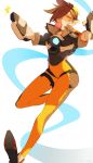  1girl absurdres arched_back bodysuit brown_hair bubble_blowing dual_wielding earrings goggles harness highres jewelry looking_at_viewer orange_bodysuit orange_eyes overwatch popped_collar road_233 short_hair solo tracer_(overwatch) very_short_hair 
