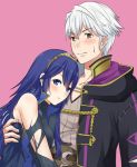  1boy 1girl blue_eyes blue_hair blush cape couple fire_emblem fire_emblem:_kakusei fire_emblem_heroes gloves hetero hug long_hair lucina male_my_unit_(fire_emblem:_kakusei) mejiro my_unit_(fire_emblem:_kakusei) short_hair silver_hair simple_background smile tiara torn_clothes yellow_eyes 