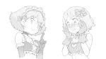  2girls blush choker gloves greyscale hair_ornament hair_ribbon hands heart_cutout lace lingerie looking_at_viewer looking_down millefeui_(pokemon) monochrome multiple_girls ookamiuo pokemon pokemon_(anime) ribbon serena_(pokemon) short_hair simple_background sweatdrop underwear white_background 
