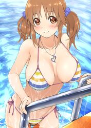  1girl bikini breasts brown_eyes brown_hair heart heart_necklace highres idolmaster idolmaster_cinderella_girls jewelry large_breasts multicolored multicolored_stripes necklace oxxo_(dlengur) partially_submerged pool_ladder side-tie_bikini smile solo string_bikini striped striped_bikini swimsuit totoki_airi twintails wading water wet 