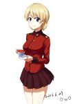  1girl bangs black_skirt blonde_hair blue_eyes braid closed_mouth cowboy_shot cup darjeeling dated epaulettes girls_und_panzer highres holding jacket long_sleeves looking_at_viewer military military_uniform miniskirt night_(a52a52520) pleated_skirt red_jacket saucer short_hair skirt smile solo st._gloriana&#039;s_military_uniform standing teacup tied_hair twin_braids uniform 