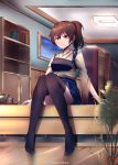  1girl absurdres book bookshelf brown_hair hair_between_eyes highres kaga_(kantai_collection) kantai_collection muneate side_ponytail solo teapot tegar32 thigh-highs thighs 