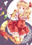  1girl alternate_costume animal_ears animal_print bangs blonde_hair blush bow breasts cat_ears fang flandre_scarlet frilled_skirt frills full_body fur_trim hat hat_ribbon heart high-waist_skirt highres kanzakietc kemono_friends kemonomimi_mode miniskirt mob_cap parody patterned_background paw_pose plaid plaid_background puffy_short_sleeves puffy_sleeves pumps purple_background red_eyes red_shoes ribbon shiny shiny_hair shirt shoes short_sleeves skirt small_breasts smile solo suspender_skirt suspenders tail thigh-highs touhou unmoving_pattern white_background white_shirt wings yin_yang zettai_ryouiki 