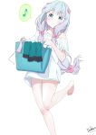  1girl absurdres barefoot blue_eyes bow clothes_writing eromanga_sensei highres holding izumi_sagiri laundry laundry_basket legs long_hair musical_note no_pants off_shoulder panties quaver ribbon shirt side-tie_panties silver_hair smile solo speech_bubble spoken_musical_note standing standing_on_one_leg t-shirt underwear untied white_shirt 