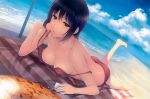  1girl absurdres ass bangs bare_arms bare_legs bare_shoulders barefoot beach beach_umbrella bikini black_hair blue_sky breasts brown_eyes character_request cleavage clouds day eyelashes hair_between_eyes hand_to_own_mouth highres innertube leg_up looking_at_viewer lying medium_breasts ocean on_stomach outdoors red_bikini sand short_hair side-tie_bikini sidelocks sky solo strap_slip sugina_miki swimsuit tanning_oil umbrella undone_bikini_top water 