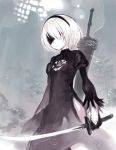  1girl black_dress black_gloves blindfold capriccio commentary commentary_request cowboy_shot dated dress expressionless gloves hair_over_one_eye holding holding_sword holding_weapon katana nier_(series) nier_automata short_hair solo sword weapon white_hair yorha_no._2_type_b 