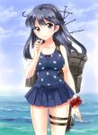  1girl beach black_hair blue_skirt blue_sky blue_swimsuit breasts clouds kantai_collection kitagawa_mikio large_breasts long_hair machinery ocean one-piece_swimsuit polka_dot polka_dot_swimsuit scrunchie skirt sky solo swimsuit swimsuit_under_clothes torpedo turret ushio_(kantai_collection) violet_eyes water wrist_scrunchie 