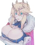  1girl absurdres artoria_pendragon_lancer_(fate/grand_order) blonde_hair blue_eyes blush breast_hold breasts cape cleavage cleavage_cutout colored_eyelashes crossed_arms fate/grand_order fate_(series) fur_trim gauntlets hair_between_eyes hair_bun hair_ornament highres huge_breasts open_mouth saber shikuro_(masax1107) simple_background solo sweatdrop white_background 