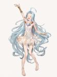  1girl ahoge bare_shoulders barefoot blue_eyes blue_hair blush closed_eyes commentary_request dress feet full_body granblue_fantasy highres long_hair lyria_(granblue_fantasy) miri_nanase open_mouth see-through simple_background sleeveless sleeveless_dress smile toes very_long_hair white_dress 