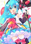  1girl :d balloon bangs black_legwear blue_bow blue_eyes blue_hair blush bow commentary_request detached_sleeves dress eyebrows_visible_through_hair hair_between_eyes hair_bow hair_ornament hatsune_miku head_tilt headphones highres holding ikari_(aor3507) long_hair long_sleeves looking_at_viewer magical_mirai_(vocaloid) megaphone open_mouth puffy_long_sleeves puffy_sleeves red_bow sidelocks sleeveless sleeveless_dress smile solo thigh-highs twintails very_long_hair vocaloid white_bow white_dress yellow_bow 