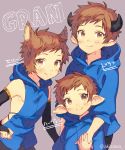  3boys akiki0 animal_ears backless_outfit bridal_gauntlets brown_hair character_name cow_horns doraf elbow_gloves erun_(granblue_fantasy) fighter_(granblue_fantasy) gloves gran_(granblue_fantasy) granblue_fantasy grey_background harbin hood hoodie horns looking_at_viewer multiple_boys multiple_persona pointy_ears short_hair simple_background smile twitter_username younger 