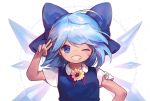  1girl :d ainy77 blue_dress blue_eyes blue_hair blue_ribbon bow cirno commentary_request dress flower hidden_star_in_four_seasons highres ice ice_wings one_eye_closed open_mouth red_bow ribbon short_hair short_sleeves smile solo tan teeth touhou v wings 
