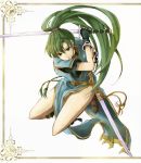  1girl delsaber dress fingerless_gloves fire_emblem fire_emblem:_rekka_no_ken frame gloves green_eyes green_hair katana long_hair lyndis_(fire_emblem) pelvic_curtain ponytail sash scabbard sheath shoes solo sword thighs unsheathed weapon 