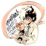  1boy black_hair black_jack_(character) black_jack_(series) chibi doctor gift highres in_palm labcoat looking_at_another male_focus multicolored_hair necktie official_art okuma_yuugo ribbon scar solo striped striped_necktie two-tone_hair white_hair young_black_jack ||_|| 