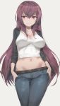  1girl absurdres alternate_costume blush breasts casual cleavage contemporary contrapposto denim fate/grand_order fate_(series) hands_in_pockets highres impossible_clothes long_hair looking_at_viewer medium_breasts midriff multicolored_shirt navel purple_hair red_eyes scathach_(fate/grand_order) short_sleeves smile solo very_long_hair yohan1754 