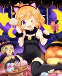  1girl ;d animal_ears asahina_mirai bell bell_earrings black_hairband black_legwear blush bow candy cat_ears cat_tail character_request earrings eyebrows_visible_through_hair fang food hairband jack-o&#039;-lantern jewelry lollipop looking_at_viewer mahou_girls_precure! mofurun_(mahou_girls_precure!) one_eye_closed open_mouth orange_hair precure pumpkin red_bow ringo_(nanaprin) short_hair smile tail tail_bow thigh-highs violet_eyes 