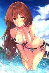  1girl bikini blush breasts brown_eyes brown_hair cleavage clouds cloudy_sky highres leaning_forward long_hair looking_at_viewer medium_breasts mizuyoukan_(mikususannda) navel original parted_lips petals sky smile solo sparkle standing striped striped_bikini swimsuit wading water wet 