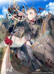  1girl 40hara armor blonde_hair clenched_teeth clouds company_connection company_name copyright_name day dirt english fire_emblem fire_emblem_cipher fire_emblem_if gameplay_mechanics gauntlets glint grey_eyes grey_hair groin hair_slicked_back highres holding holding_weapon horse horseback_riding lens_flare looking_back multiple_boys naginata outdoors polearm riding short_hair sky sophie_(fire_emblem_if) sweatdrop teeth thigh-highs topless watermark weapon 