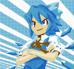  &gt;:) 1girl bangs bare_arms blue blue_bow blue_eyes blue_hair blue_shirt bow brown_ribbon cirno closed_mouth collared_shirt detached_wings diamond_(shape) facing_away fairy flat_chest game_console hair_between_eyes hair_bow ice ice_wings kaztah looking_away nes no_eyebrows pixel_art popped_collar puffy_short_sleeves puffy_sleeves ribbon ringed_eyes shirt short_hair short_sleeves solo standing touhou undershirt upper_body white_shirt wind wings 