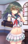  1girl absurdres bangs blush breasts cabinet closed_mouth cowboy_shot eyebrows_visible_through_hair eyepatch gift green_eyes green_hair groin hair_between_eyes hand_in_hair hand_up highres holding holding_gift incoming_gift indoors kantai_collection kiso_(kantai_collection) long_hair looking_at_viewer medium_breasts midriff miniskirt murasame_shia navel neckerchief pleated_skirt red_neckerchief school_uniform serafuku short_sleeves skirt solo standing valentine white_skirt window 