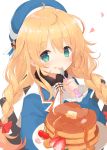  1girl alternate_hairstyle atago_(kantai_collection) beret blonde_hair blue_eyes braid cherry eating food food_on_face fork fork_in_mouth fruit hat highres holding holding_fork holding_plate kagerou_(shadowmage) kantai_collection long_hair long_sleeves military military_uniform pancake petals plate simple_background single_braid smile solo strawberry uniform white_background 
