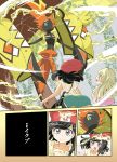  1girl 2girls black_hair blonde_hair blush braid closed_eyes decidueye female_protagonist_(pokemon_sm) hat highres lillie_(pokemon) long_hair matsuoka_michihiro multiple_girls open_mouth pokemon pokemon_(game) pokemon_sm red_hat short_hair smile tapu_koko 