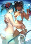  2girls aqua_hair arm_around_neck bikini breasts brown_hair dark_skin flower groin hair_flower hair_ornament hair_over_one_eye halter_top halterneck highres large_breasts lips long_hair looking_at_another looking_at_viewer midriff multiple_girls navel original parted_lips partially_submerged pool pool_ladder poolside ripples standing standing_on_liquid swimsuit twinpoo two_side_up wading water wet 