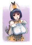  1girl :o animal_ears black_hair blush bow bowtie breasts cosplay elbow_gloves fang gamerag gloves hair_ornament hairclip hanekawa_tsubasa kemono_friends large_breasts looking_at_viewer monogatari_(series) open_mouth paw_pose serval_(kemono_friends) serval_(kemono_friends)_(cosplay) serval_ears serval_print serval_tail shirt short_hair skirt sleeveless sleeveless_shirt solo tail trait_connection violet_eyes 