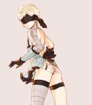  1boy android ass bandage blindfold butt_crack cosplay gloves highres kaine_(nier) kaine_(nier)_(cosplay) lace lace-trimmed_panties looking_back male_focus nemusuke nier_(series) nier_automata panties short_hair solo trap underwear white_hair yorha_no._9_type_s 