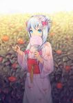  1girl alternate_costume alternate_hairstyle backlighting bangs blue_eyes blurry blush bow brown_ribbon bush covering_mouth cowboy_shot day double_bun eromanga_sensei eyebrows_visible_through_hair fan flower hair_bow hair_flower hair_ornament holding holding_fan holding_flower izumi_sagiri japanese_clothes kimono leaf_print light_particles long_hair long_sleeves looking_at_viewer outdoors paper_fan pink_bow pink_kimono red_rose ribbon rose sash shiny shiny_hair standing sunlight tareme tassel uchiwa white_rose wide_sleeves xiaosan_ye 