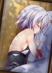  1boy 1girl assassin_of_black bandage bare_shoulders breasts closed_eyes commentary_request fate/apocrypha fate/grand_order fate_(series) lying medium_breasts on_side ribbon scar short_hair sideboob silver_hair sleeping 