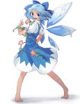  &gt;:d 1girl :d barefoot blue_bow blue_dress blue_eyes blue_hair bow cirno dress eyebrows eyebrows_visible_through_hair feet flower hair_bow hidden_star_in_four_seasons highres ice ice_wings leaf looking_at_viewer nekoperon open_mouth plant smile solo tan teeth toes touhou vines wings 